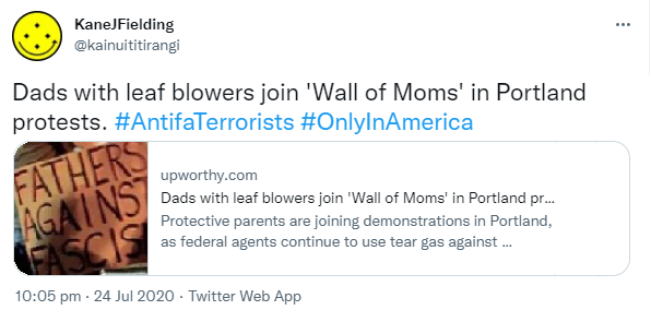 Dads with leaf blowers join 'Wall of Moms' in Portland protests. Hashtag Antifa Terrorists. Hashtag Only In America. Upworthy.com. 10:05 pm · 24 Jul 2020.