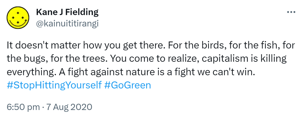 It doesn't matter how you get there. For the birds, for the fish, for the bugs, for the trees. You come to realize, capitalism is killing everything. A fight against nature is a fight we can't win. Hashtag Stop Hitting Yourself. Hashtag Go Green. 6:50 pm · 7 Aug 2020.