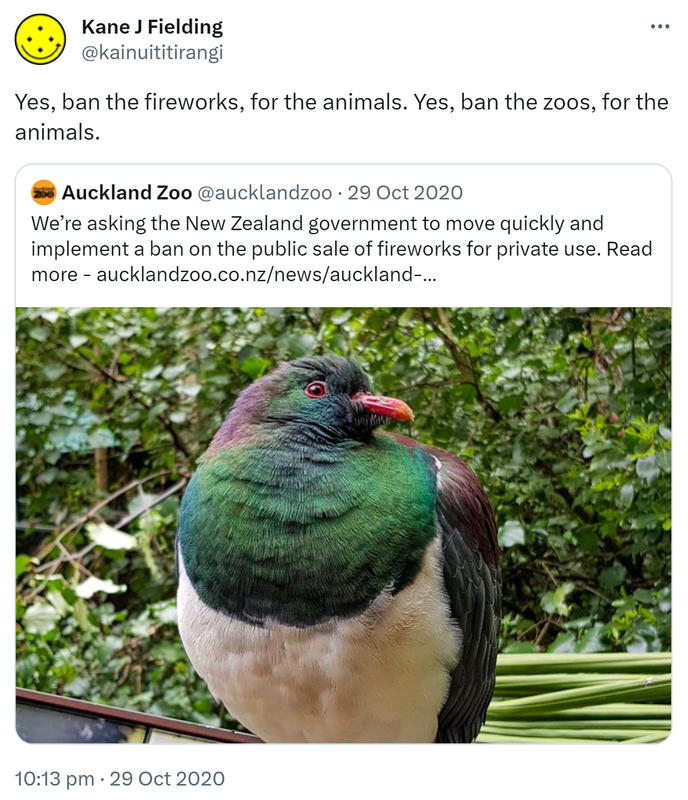 Yes, ban the fireworks, for the animals. Yes, ban the zoos, for the animals. Quote Tweet. Auckland Zoo @aucklandzoo. We’re asking the New Zealand government to move quickly and implement a ban on the public sale of fireworks for private use. Read more. Aucklandzoo.co.nz. 10:13 pm · 29 Oct 2020.