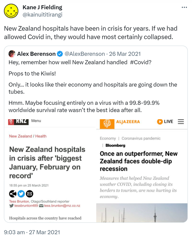 New Zealand hospitals have been in crisis for years. If we had allowed Covid in, they would have most certainly collapsed. Quote Tweet. Alex Berenson @AlexBerenson. Hey, remember how well New Zealand handled Hashtag Covid? Props to the Kiwis! Only it looks like their economy and hospitals are going down the tubes. Hmm. Maybe focusing entirely on a virus with a 99.8-99.9% worldwide survival rate wasn’t the best idea after all. 9:03 am · 27 Mar 2021.