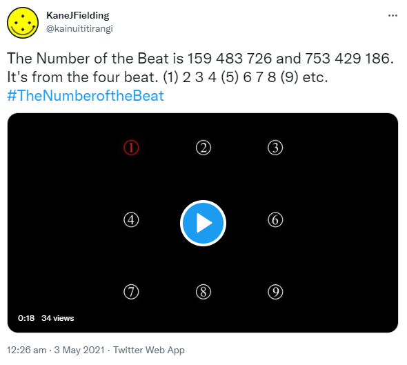 The Number of the Beat is 159 483 726 and 753 429 186. It's from the four beat. (1) 2 3 4 (5) 6 7 8 (9) etc. Hashtag The Number of the Beat. 12:26 am · 3 May 2021.