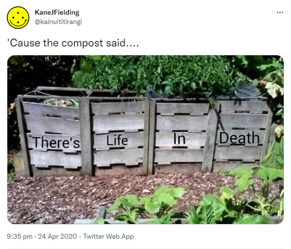 'Cause the compost said, there’s life in death. 9:35 pm · 24 Apr 2020.