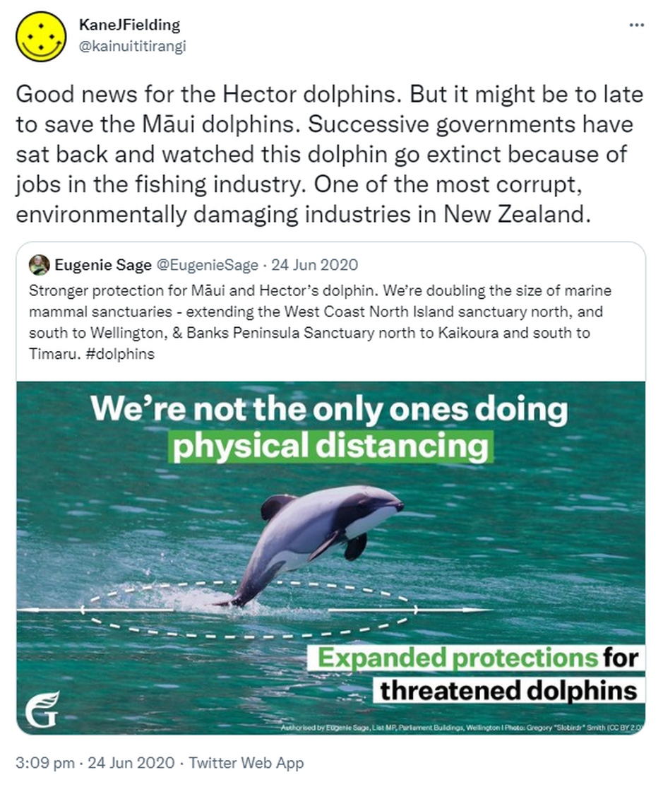 Good news for the Hector dolphins. But it might be too late to save the Māui dolphins. Successive governments have sat back and watched this dolphin go extinct because of jobs in the fishing industry. One of the most corrupt, environmentally damaging industries in New Zealand. Quote Tweet Eugenie Sage @EugenieSage. Stronger protection for Māui and Hector’s dolphin. We’re doubling the size of marine mammal sanctuaries - extending the West Coast North Island sanctuary north, and south to Wellington, & Banks Peninsula Sanctuary north to Kaikoura and south to Timaru. Hashtag dolphins. 3:09 pm · 24 Jun 2020.