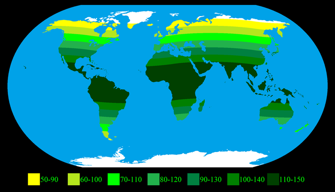 Map of the world showing population density per kilometre depending on latitude. This work is based on public domain data. https://commons.wikimedia.org/w/index.php?curid=1361680 and https://commons.wikimedia.org/w/index.php?curid=868126