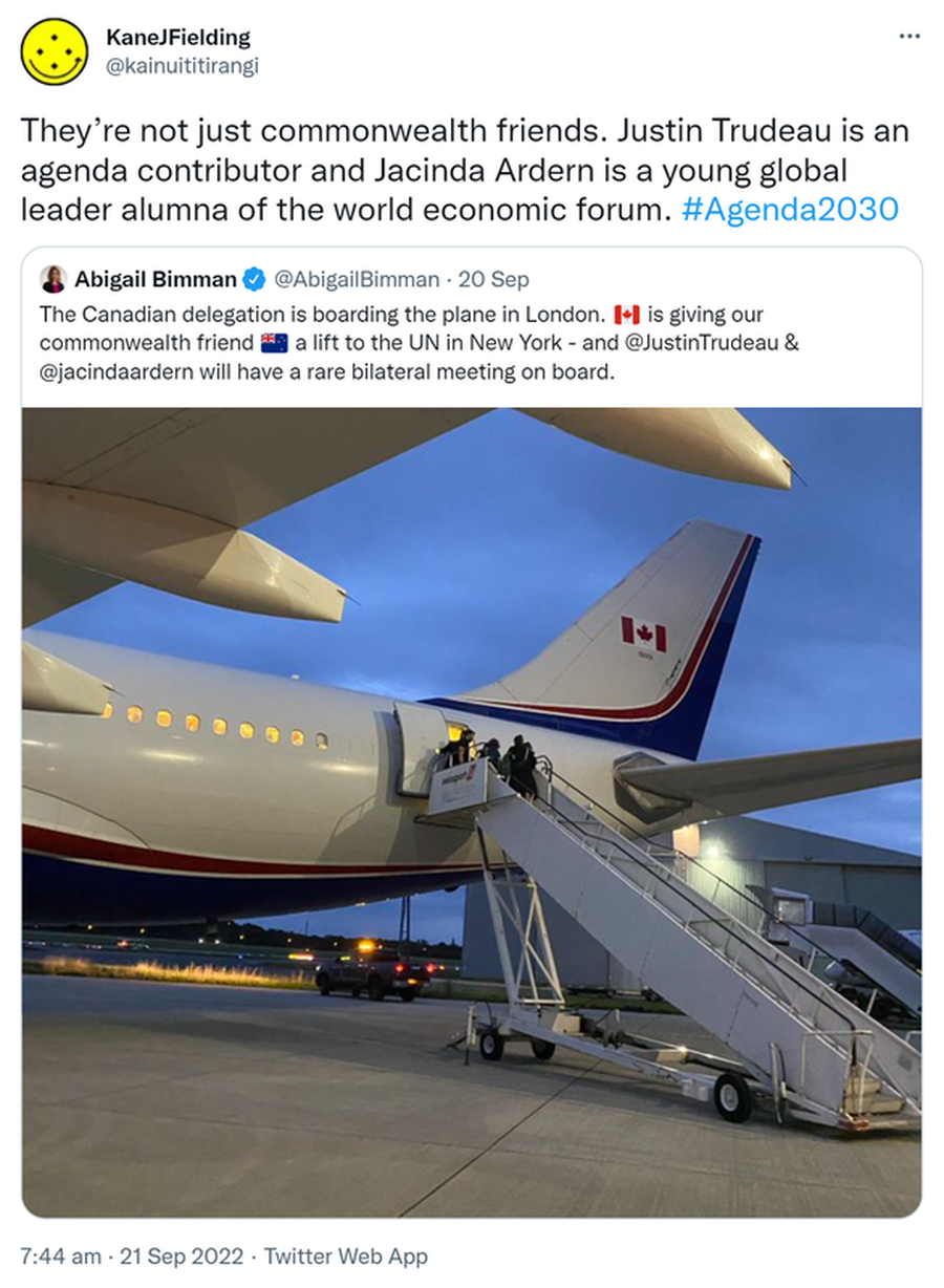 They’re not just commonwealth friends. Justin Trudeau is an agenda contributor and Jacinda Ardern is a young global leader alumna of the world economic forum. Hashtag Agenda 2030. Quote Tweet. Abigail Bimman @AbigailBimman. The Canadian delegation is boarding the plane in London. Canada is giving our commonwealth friend New Zealand a lift to the UN in New York and @JustinTrudeau & @jacindaardern will have a rare bilateral meeting on board. 7:44 am · 21 Sep 2022.
