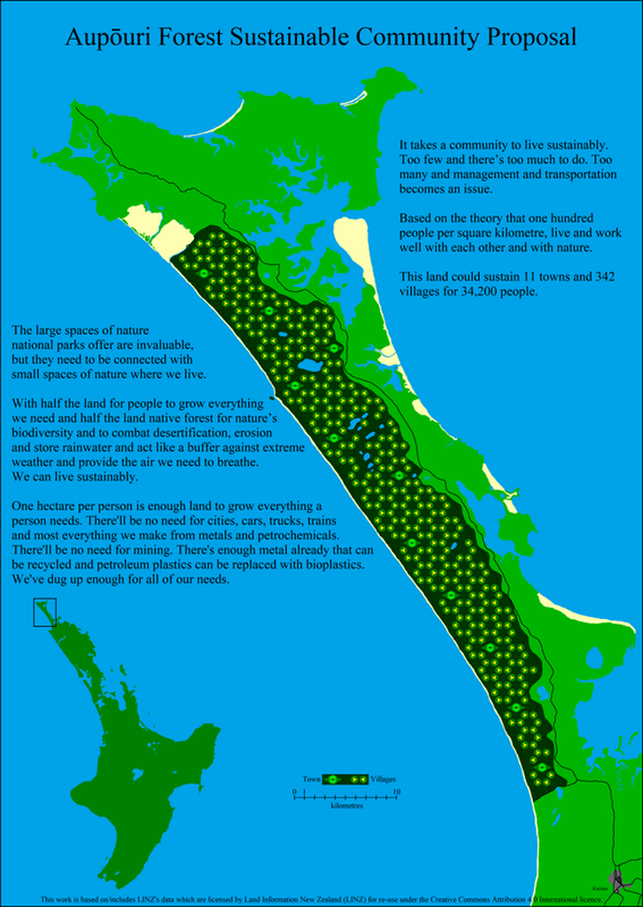 Map of The Aupōuri Forest Sustainable Community Proposal. This picture shows the Aupouri Forest at the top of the North Island of Aotearoa New Zealand.