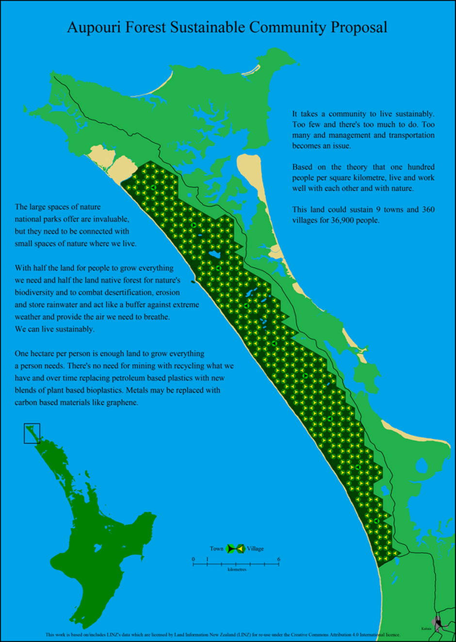 Map of The Aupouri Forest Sustainable Community Proposal and link to pdf map. It shows the Aupouri Forest at the top of the North Island of Aotearoa New Zealand with a sustainable community of 9 towns and 360 villages for 36,900 people. This work by kane J Fielding is based on/includes LINZ's data which are licensed by Land Information New Zealand (LINZ) for re-use under the Creative Commons Attribution 4.0 International licence.