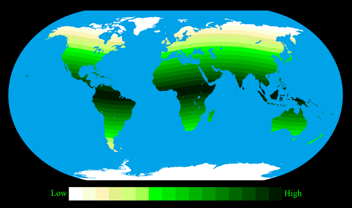 Map of the world showing population density per kilometre.